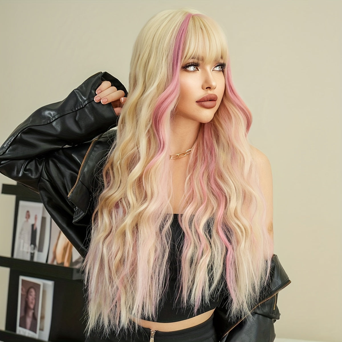 Highlight Long Curly Wavy Wig With Bangs Synthetic Wig Beginners Friendly Heat Resistant Elegant For Daily Use Wigs For Women